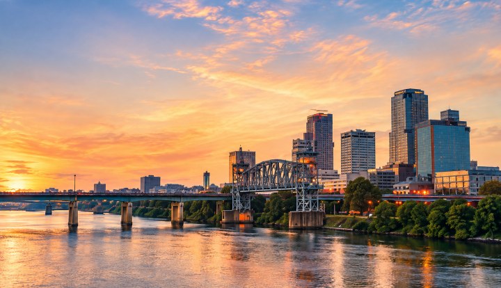 North Little Rock skyline at sunset along the Arkansas River