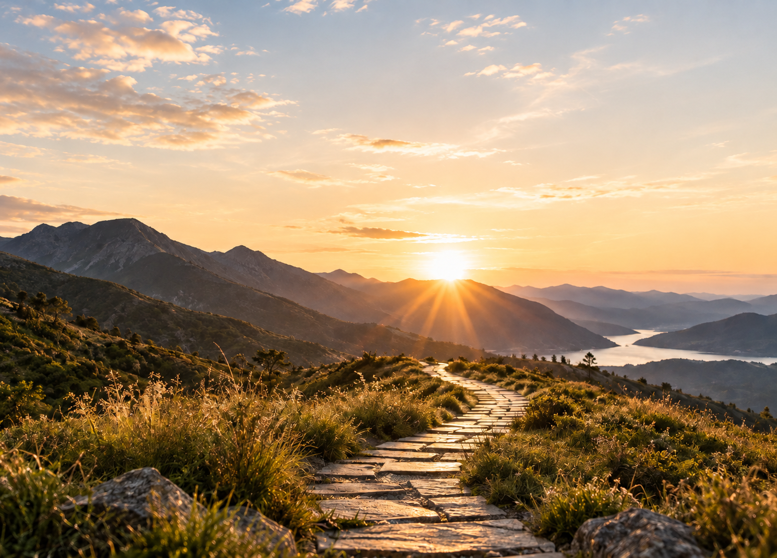 A stone path leading toward a mountain sunrise